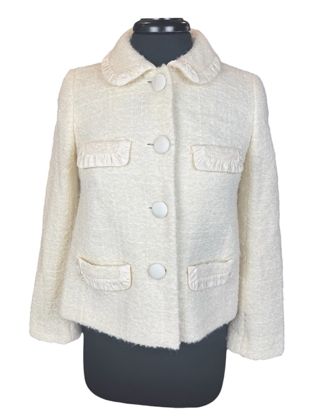 J. Crew Ivory Wool Blend Bouclé Satin Ruffle Lady Jacket Blazer Women’s Size 2